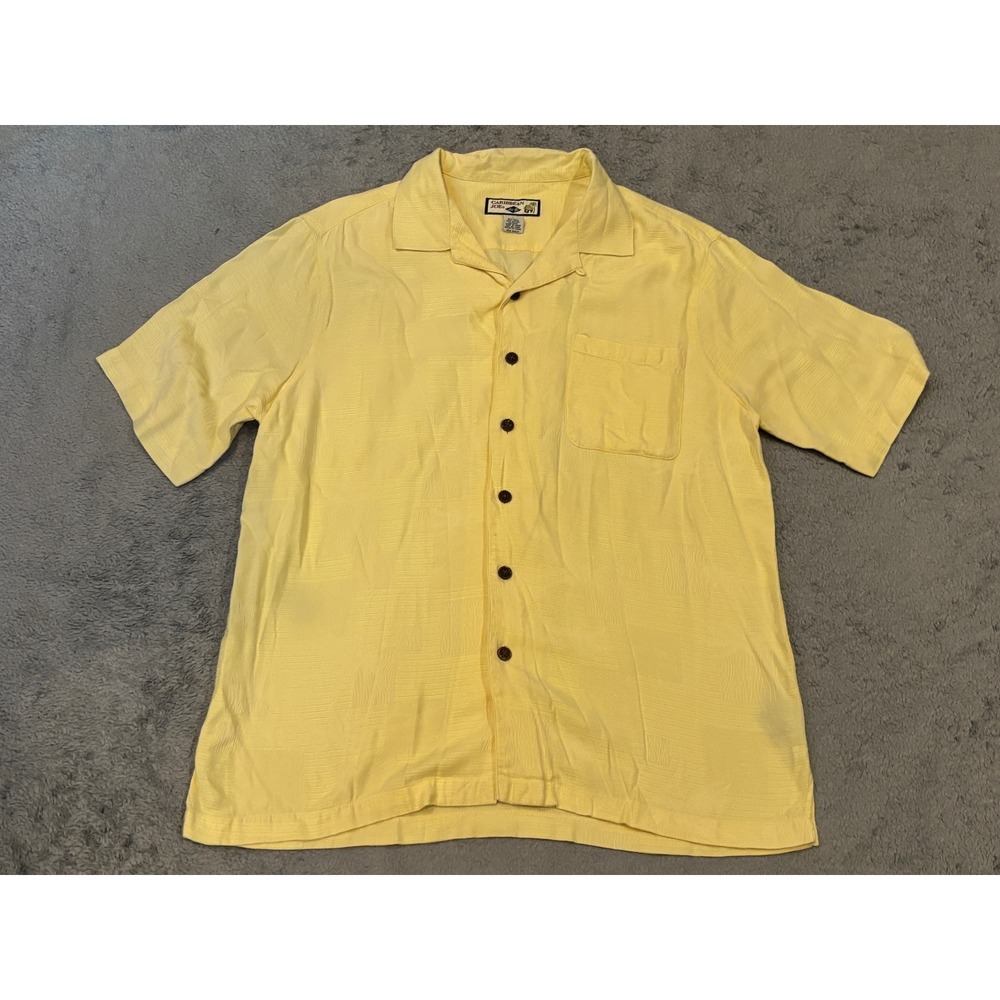 Caribbean Joe Mens Large Silk Rayon Yellow Textured Short Sleeve Camp Shirt L